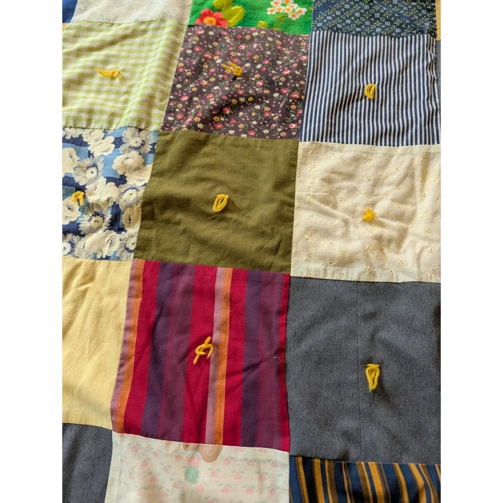 Vintage Handmade Tied Patchwork Quilt Multi Color Floral Stripe Cotton 60x74